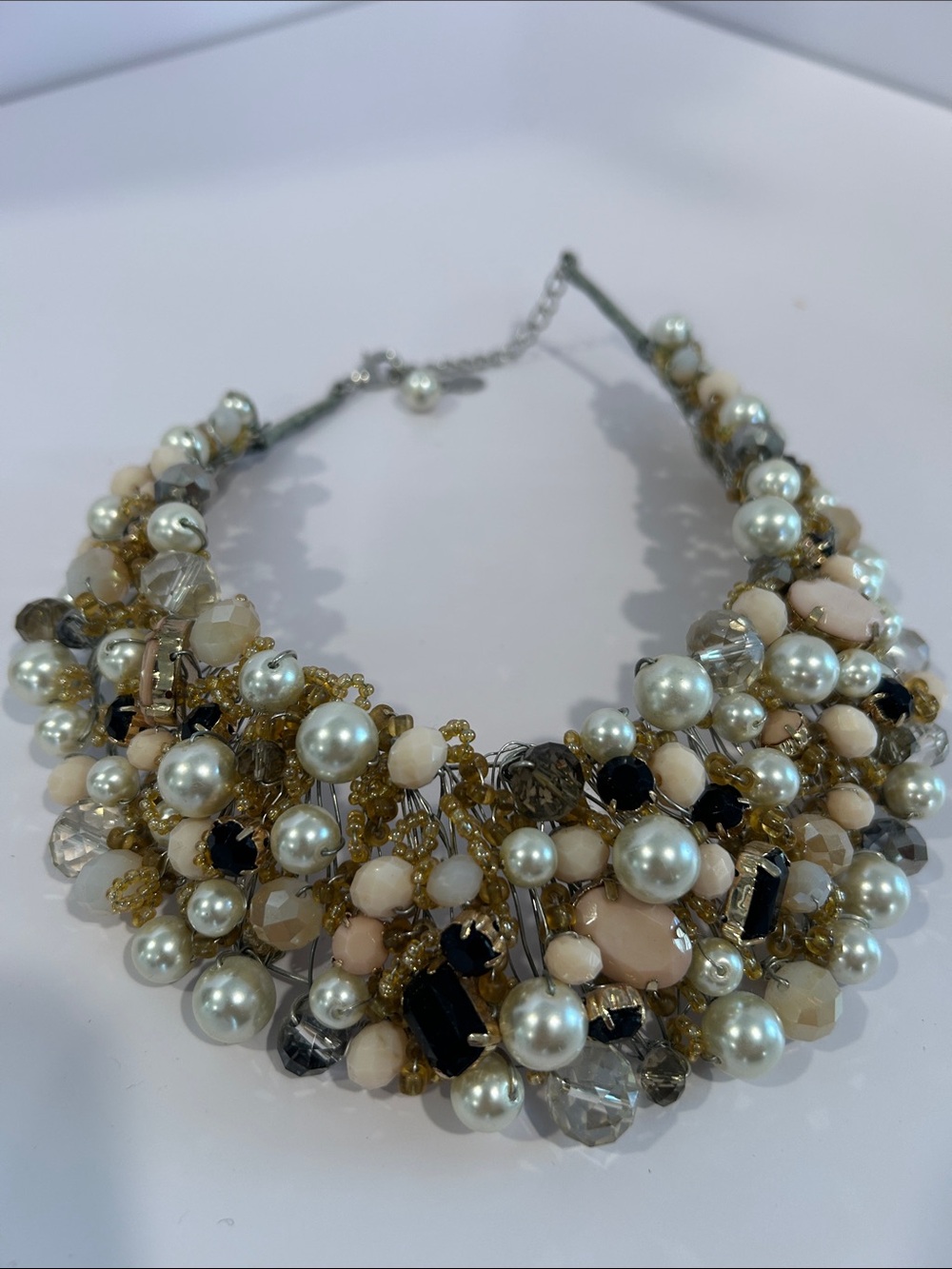 Aldo Arvan Beaded Bib Statement Necklace White Pearl Champagne Crystals